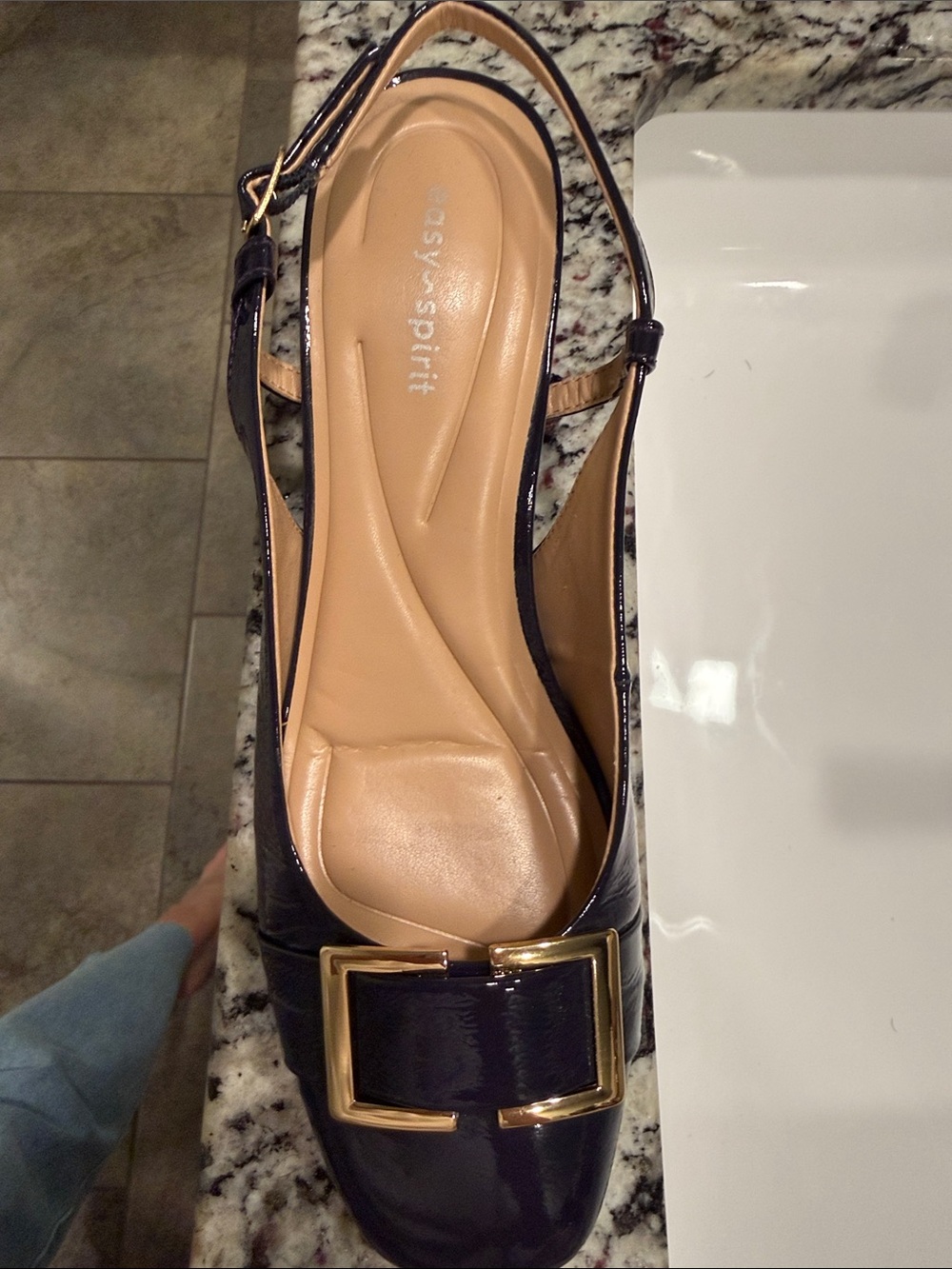 Easy Spirit Navy Patent Slingback Loafer with Gold Buckle